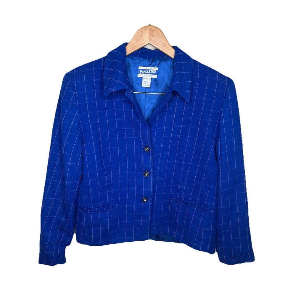 Vintage Pendleton Womens Size 12 Virgin Wool Blue Windowpane Blazer Jacket *Flaw